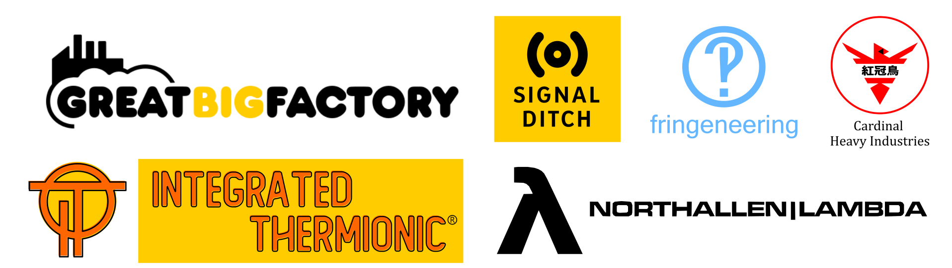 Various brand logos with names like "SignalDitch" "GreatBigFactory" "Integrated Thermionic" "Cardinal Heavy Industries" "Fringeneering" and "Northallen Lambda"