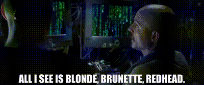 GIF from The Matrix. Cypher is sitting in front of a screen full of falling Matrix code telling Neo, "All I see is blonde, brunette, redhead..."