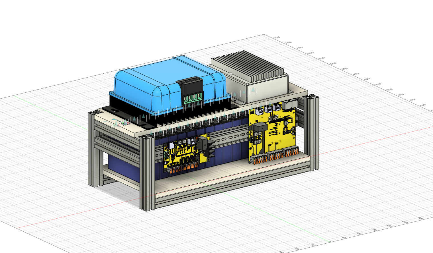 3D rendering of the test platform, a box made from aluminum extrusion with plastic shelves and DIN rail