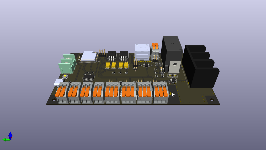 3D rendering of the load control PCB featuring a relay, several lever-lock terminals, and a large screw terminal.