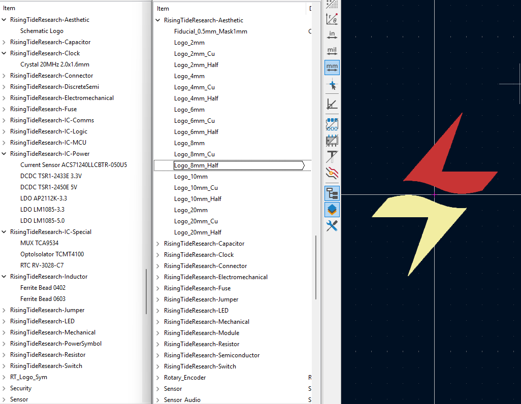 Screenshot of the RTRF parts libraries in the symbol and footprint editors, next to an RTRF logo footprint.