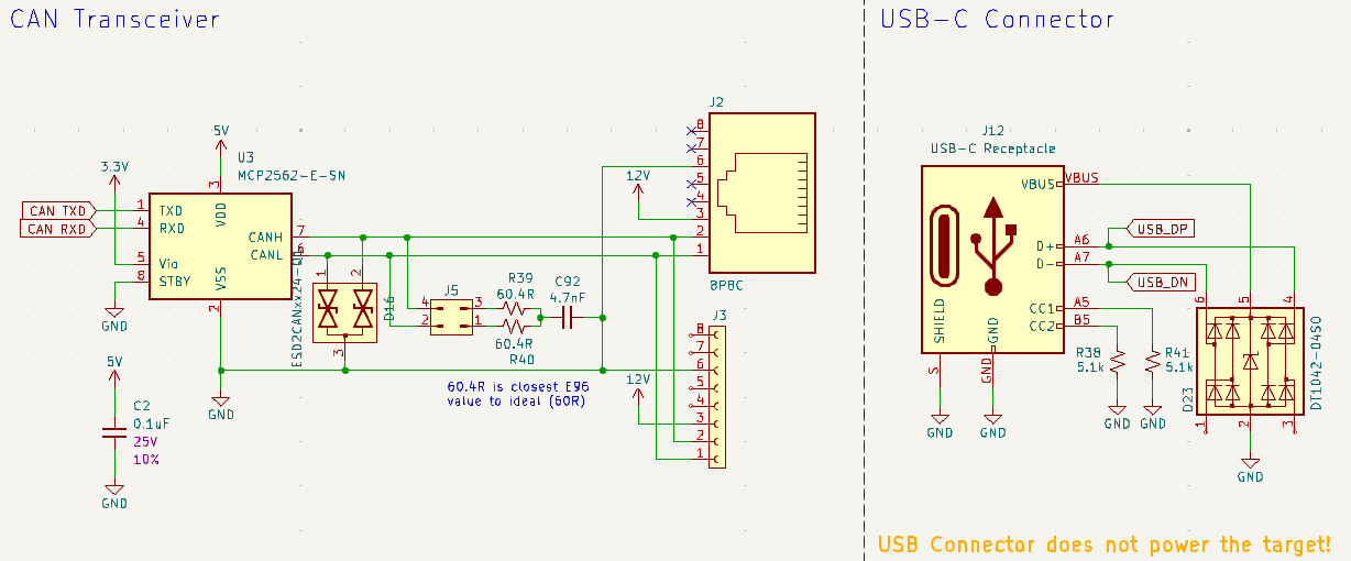 Schematic excerpt for CAN transceiver and USB-C connector.