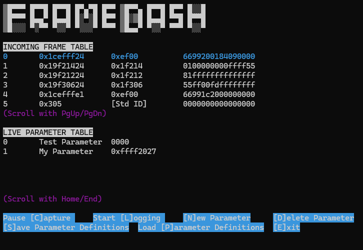 Screenshot of framedash running. An ASCII-art logo at the top of the screen, two scrollable tables, and various keyboard commands listed at the bottom of the screen.