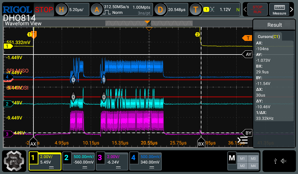 Scope trace showing a yellow trace with space on either side of a number of bunched SPI traces.